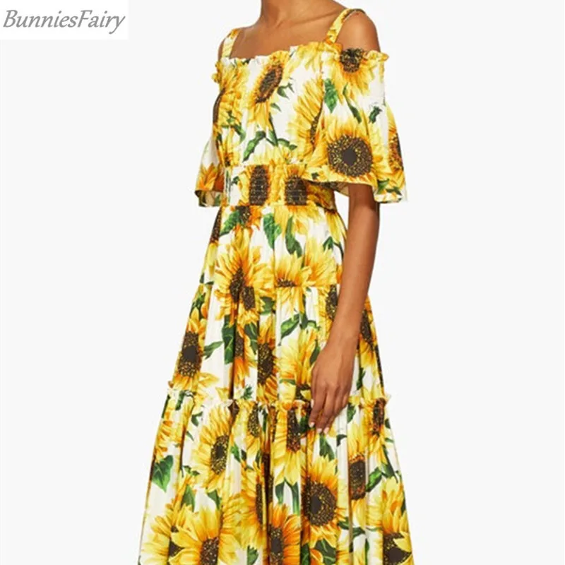 BunniesFairy Весна Лето Женское милое платье с открытыми плечами на бретельках длинное желтое платье миди с цветочным принтом Подсолнух платье для отдыха на пляже