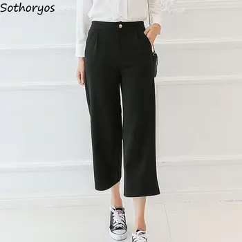 

Pants 2020 New Women Korean Style Wide Leg Trendy High Waist Womens All-match Solid Fit Casual Daily Pockets Simple Trousers