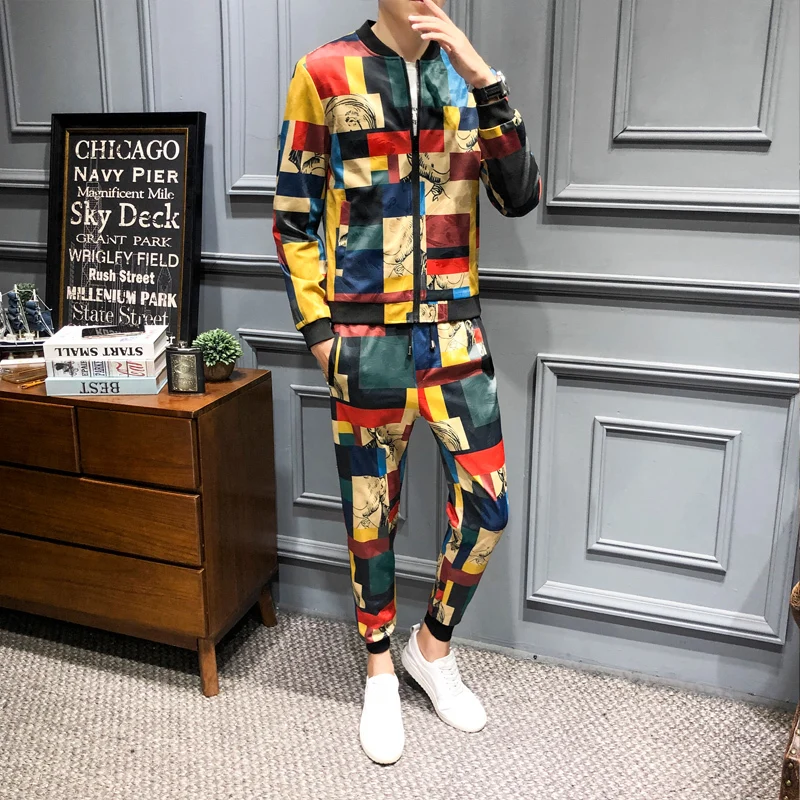 

Abbigliamento Uomo 2020 2 Piece Set Dresy Meskie Esofman Takımı Luxury Fashion Mens Tracksuit Sharp Plaid Print Mens Tracksuits