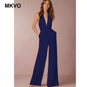 

Autumn casual black Women's jumpsuit sexy sleeveless hanging neck piece straight pants romper Female casual overall femme