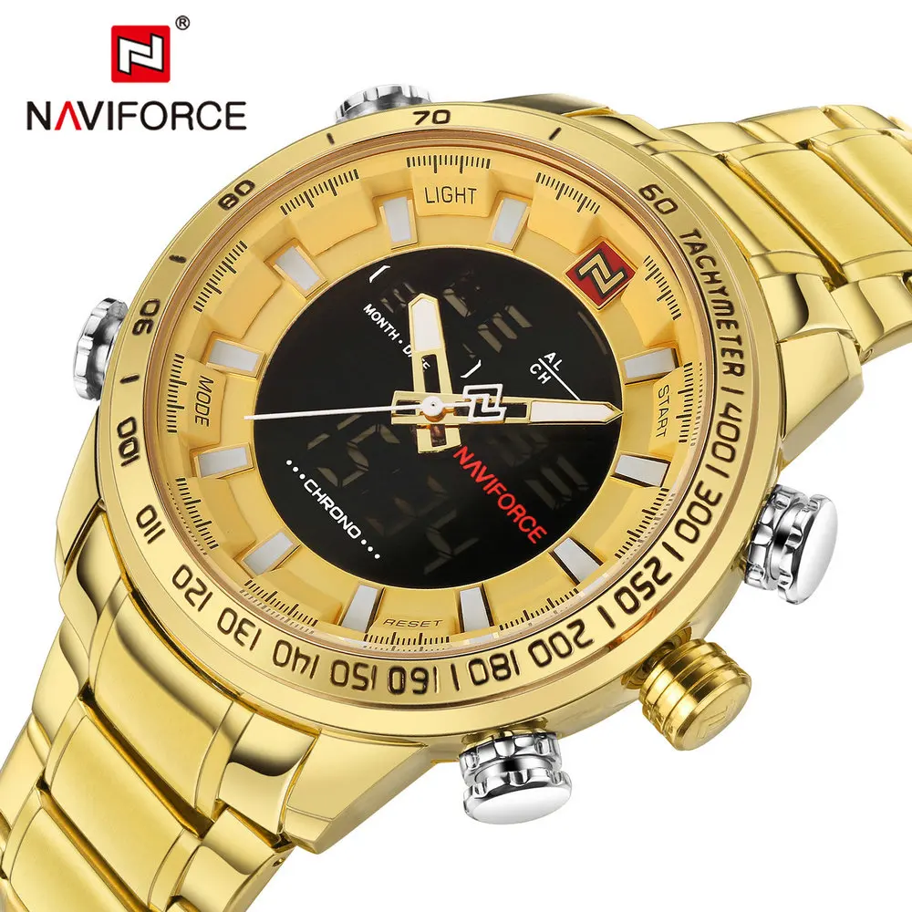 

NAVIFORCE Waterproof Quartz Watch Men Top Brand Luxury Dual Display Digital Clock Male Golden Steel Strap Army relogio masculino