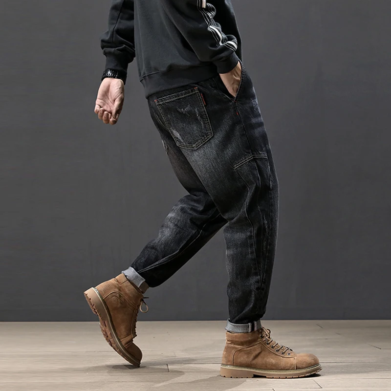 Модная уличная одежда, мужские джинсы, свободный крой, сплайсированные Черные Серые брюки карго, шаровары, джинсы в Корейском стиле, хип-хоп джинсы, мужские брюки-карандаш