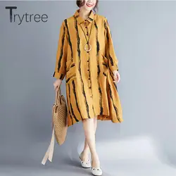 Ttytree 2019 Осенние блузки женские повседневные однобортные платья в полоску с отложным воротником и карманами офисные женские длинные