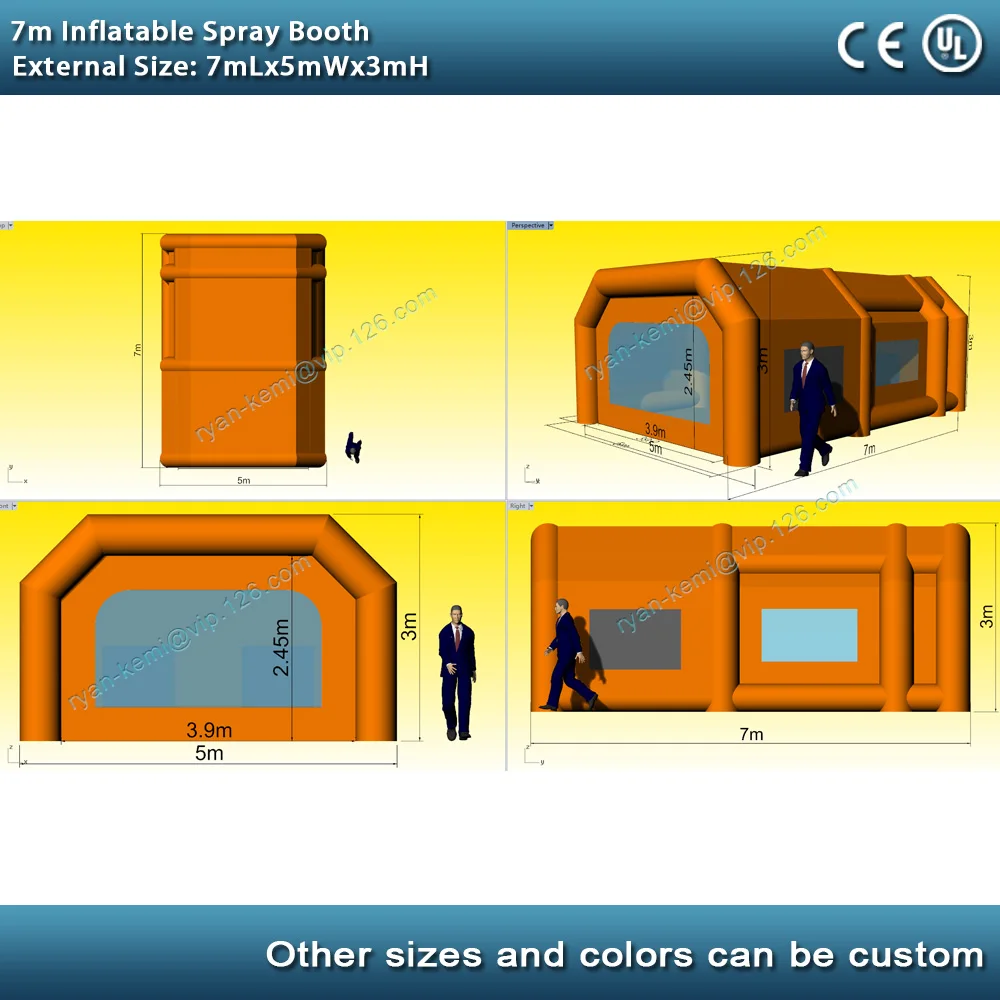 7mx5mx3m orange portable Inflatable spray booth inflatable car painting booth cabin tent with 2 blowers 4 filters vehicle garage