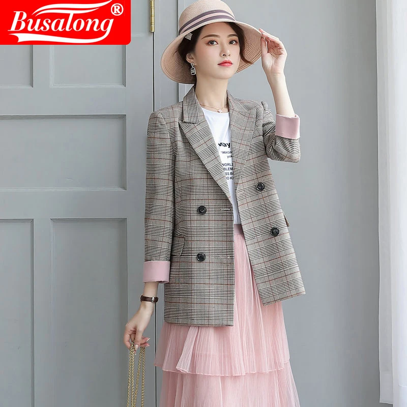 

Spring Women Plaid Office Lady Blazer Fashion Double Breasted Long Sleeve Jackets Elegant Work Blazers Feminino Plus Size 4XL