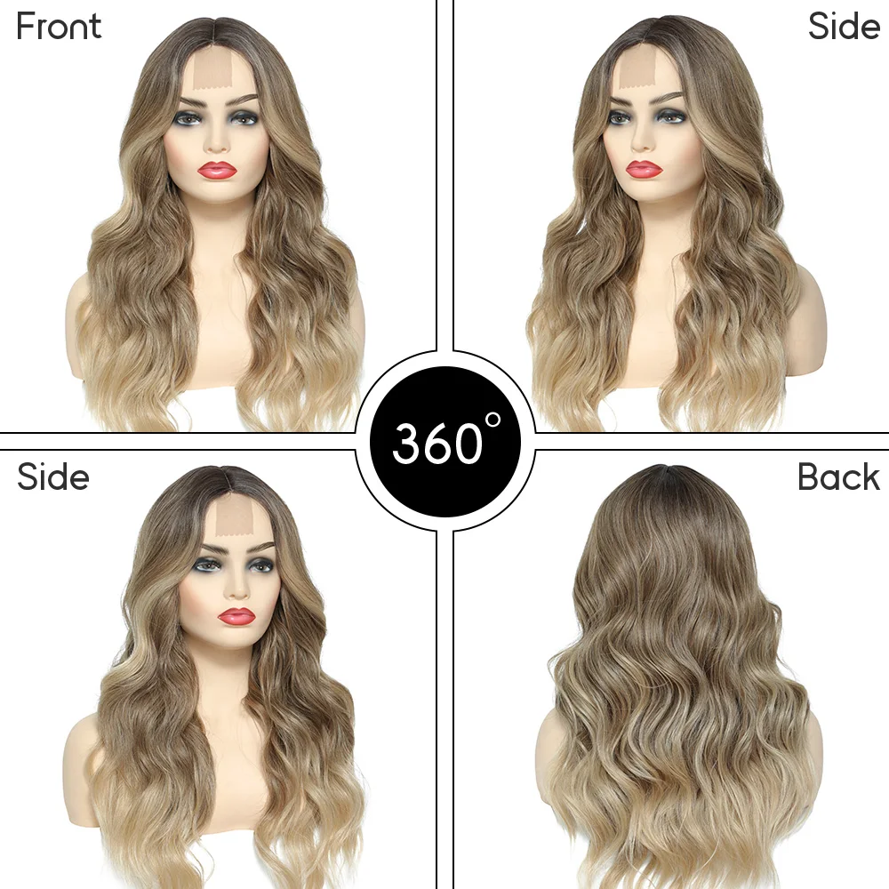 U.SHINE Ombre Brown Light Blonde Platinum Long Wavy Middle Part Hair Wig Cosplay Natural Heat Resistant Synthetic Wig for Women
