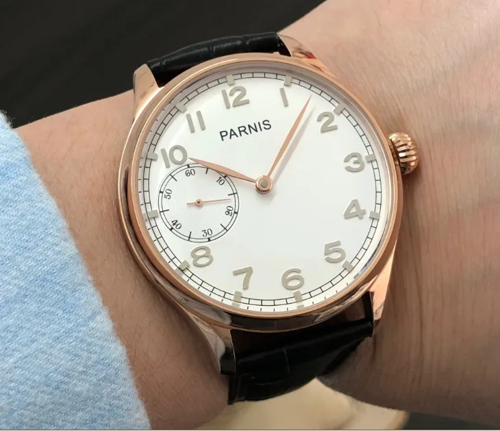 

Sapphire crystal or mineral glass 44mm PARNIS Asian 6497 Mechanical movement Rose gold case Golden hands men's watch pa187-pp8