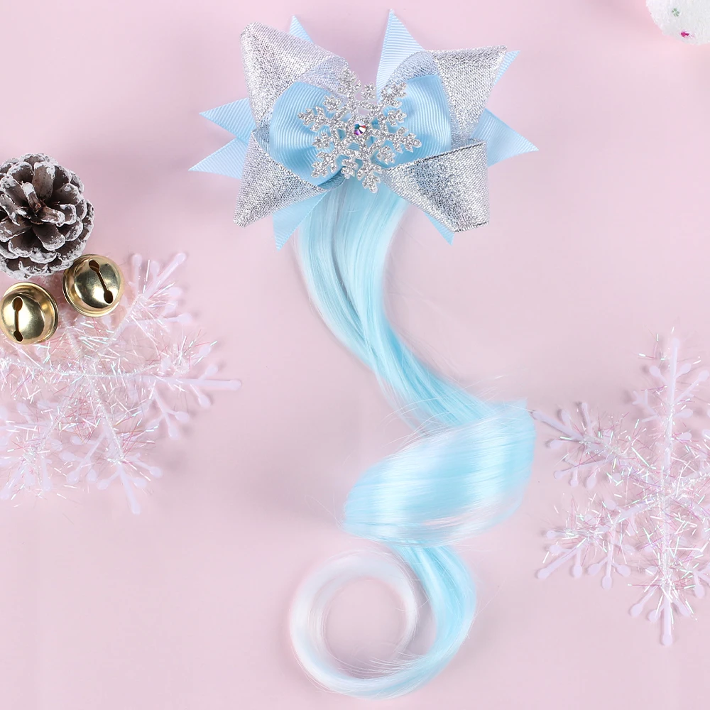 

New Glitter Snowflake Bowknot Hair Clips for Girls with Long Wig Net Yarn Bow Hair Barrettes Kids Princess Hair Accessories