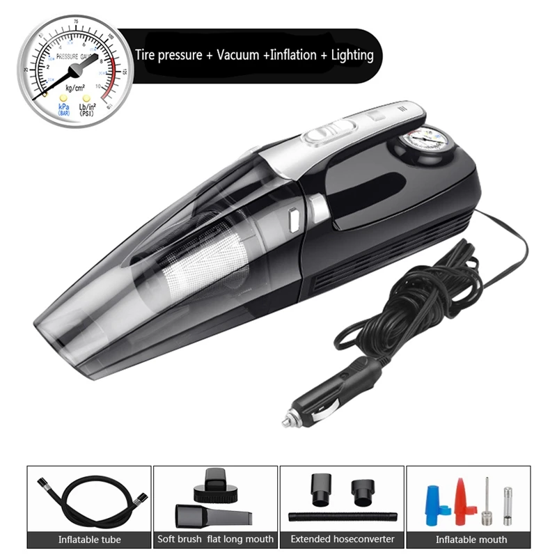 

4-In-1 Car Handheld Vacuum Cleaner With Pointer Display Tire Inflator Pump Pressure Gauge Led Light Vacuum Cleaner For Home Car