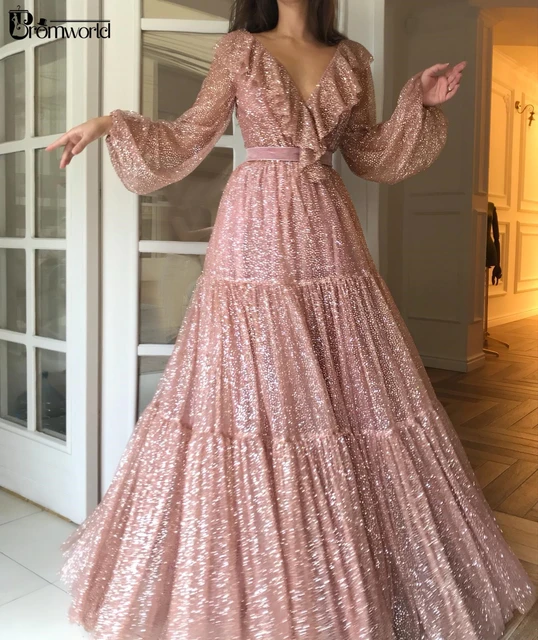 Dazzling Sequin Arabic Evening Dress 2021 Blush Pink A-Line Long Sleeves  Prom Dresses V-Neck Ruffles Sexy Evening Gown _ - AliExpress Mobile
