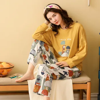 

2019 Pajamas Woman Pure Cotton Long Sleeve Cartoon Lovely Easy Home Furnishing Serve Ma'am Suit