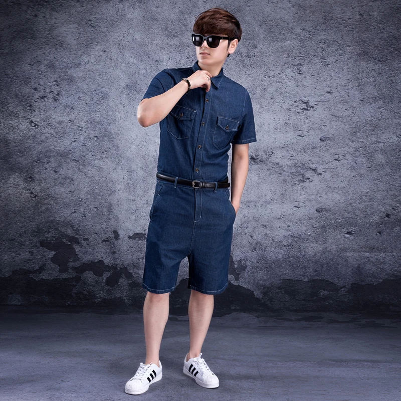 Siamese denim men's jumpsuit denim suit Siamese men's tide jumpsuit men's wear tide denim shorts short sleeve summer