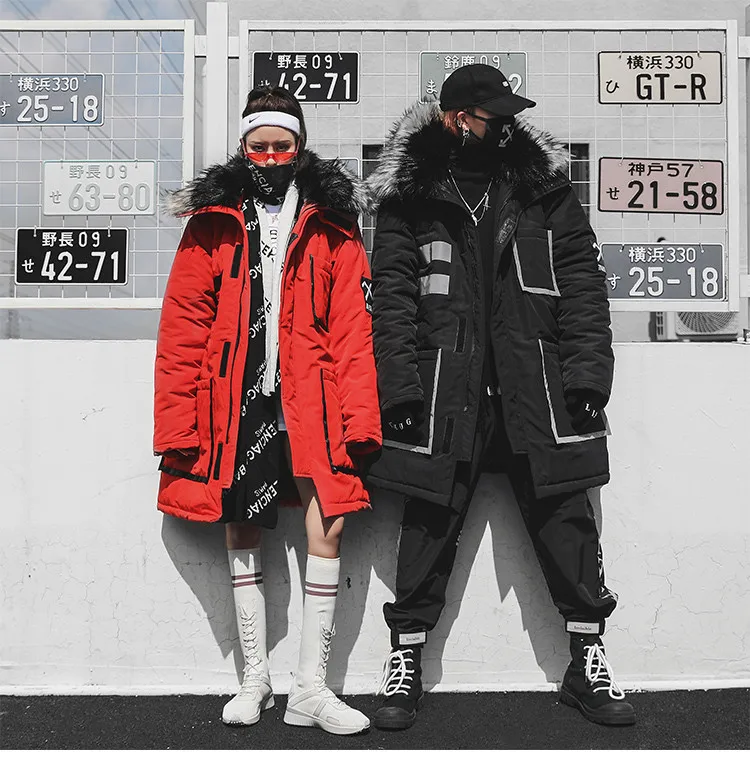 Пара хип-хоп Теплые мужские зимние куртки с капюшоном и пальто парка Повседневная Длинная Верхняя одежда с меховым воротником женские куртки пальто Мужская Уличная одежда