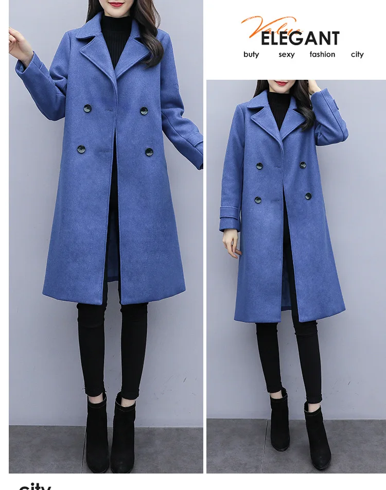 Autumn And Winter Woolen Jacket Women's Mid-length Korean-style Fashion Haze Blue Women's Woolen Overcoat Thicken