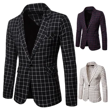 

Charm Mens Casual Fit Slim Suit One Button Business Coat Jacket Slim Fit Male Blazer Plaid Blouse Veste Classique Homme