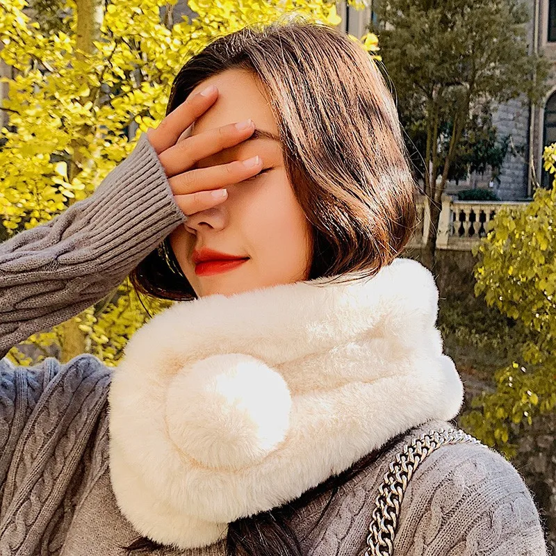 

New Style Rex Rabbit Fur Scarf Women's Winter Korean-style Versatile Thick Warm Bandana Furry Ball Faux Fur Scarf 6854 #
