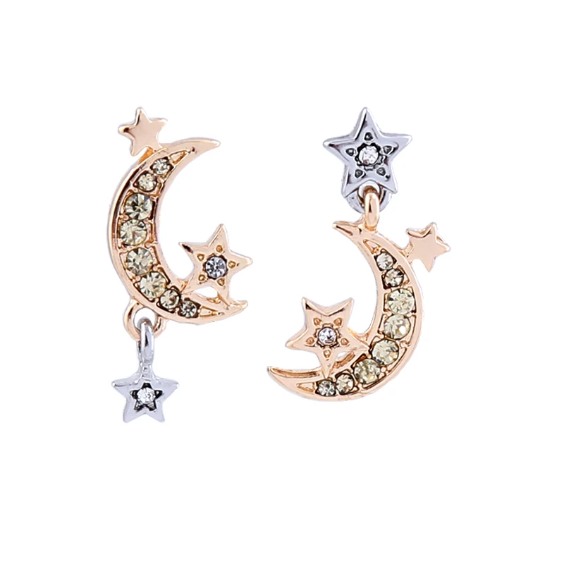 

Chic Moon Star Stud Earrings Crystal Asymmetrical Allergy Free Indian Earrings For Women Fashion Jewelry New 2019
