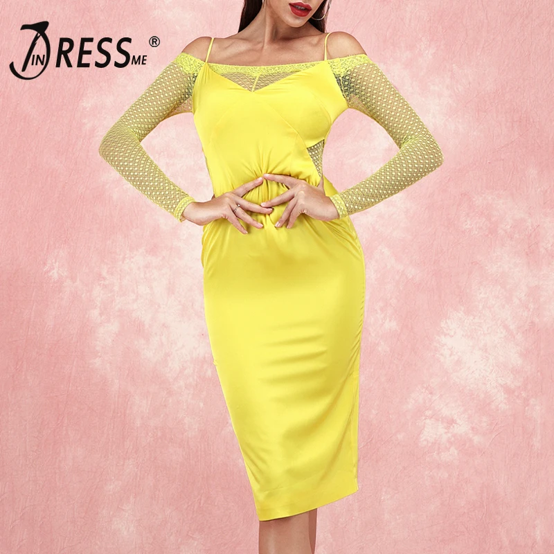 

INDRESSME 2019 New Long Sleeves Off The Should Lace Midi Dress Neon Green