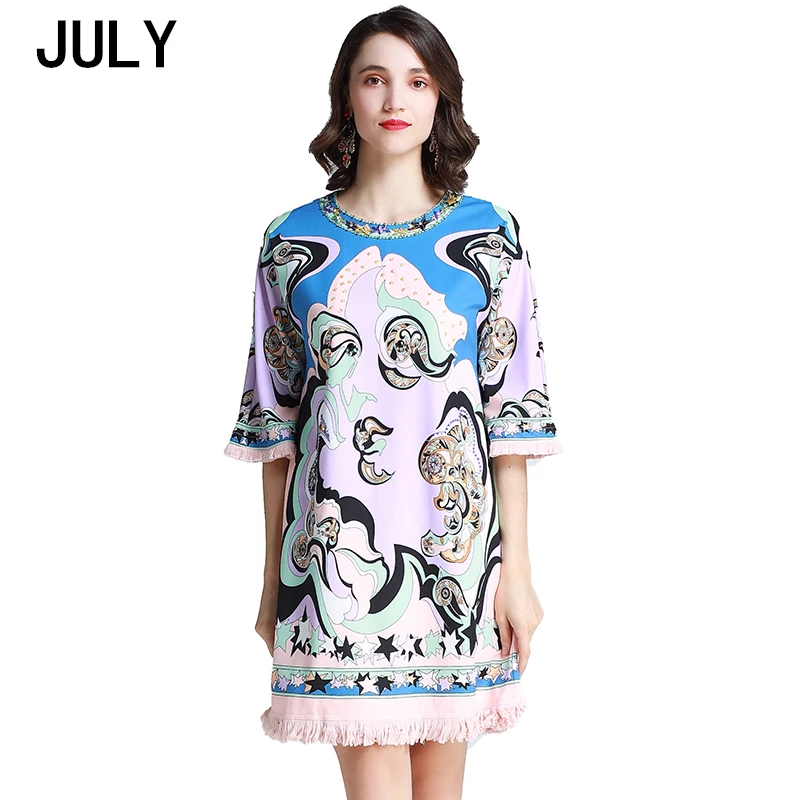 

Dress 2019 summer women's retro abstract printed nail drill sequins trumpet sleeves fringed skirt loose round neck
