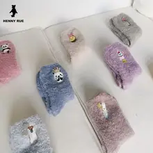 Новинка, осенне-зимние носки-тапочки из кораллового флиса с рисунком медведя для детей 19 лет, толстые домашние носки с вышивкой