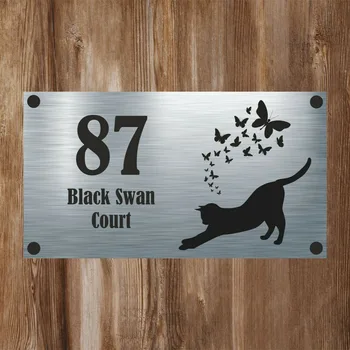 

Black Cat Silhouette - Aluminium House Sign Personalised - Any Text Required