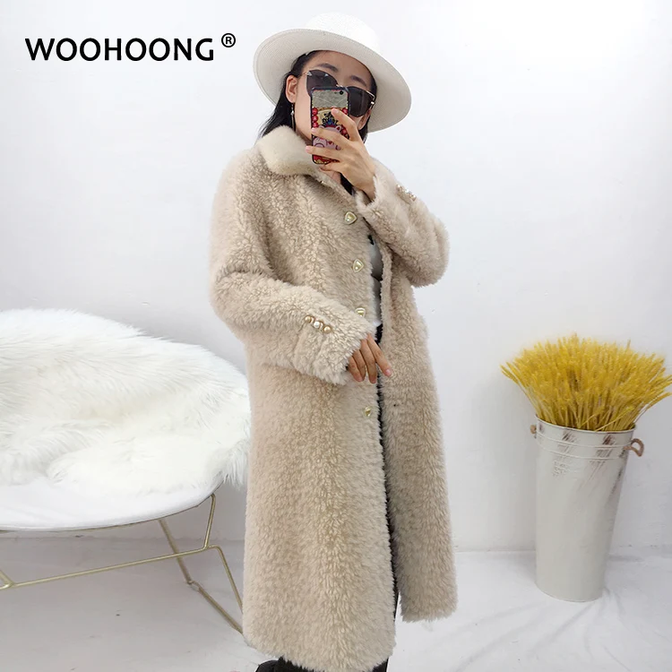 

X-Long real fur wool coat Mink collar Female Wool Jacket Sheep shearing overcoat warm jacket natural wool lamb