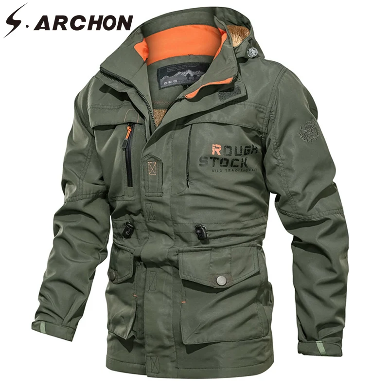 

S.ARCHON Military Jacket Men Autumn Winter Long Sleeve Hooded Waterproof Stand Collar Zipper Mens Tactical Jackets Zipper Coats