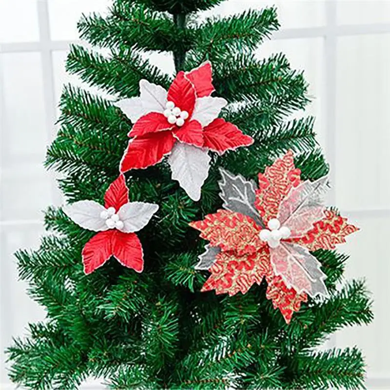 Christmas Flowers Xmas Christmas Tree Decorations Fake Flower Glitter Wedding Party Artificial Flowers Decor Dropshipping