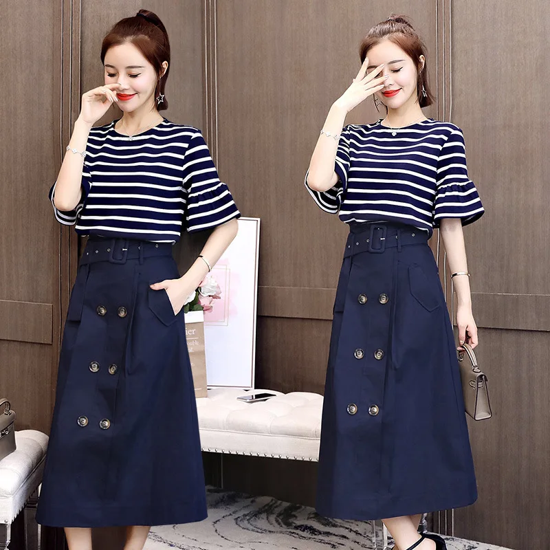 

2019 Spring Clothing Korean-style Casual Comfortable Skirt Two-Piece Set Simple Elegant Trend Slim Fit Slimming-Style Set