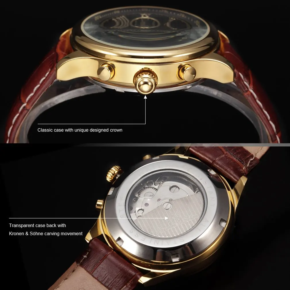 IMPERIAL KS Retro Skeleton 6 Hands Golden Case Luxury Brand Day Month Display Brown Leather Strap Men's Mechanical Watch / KS146