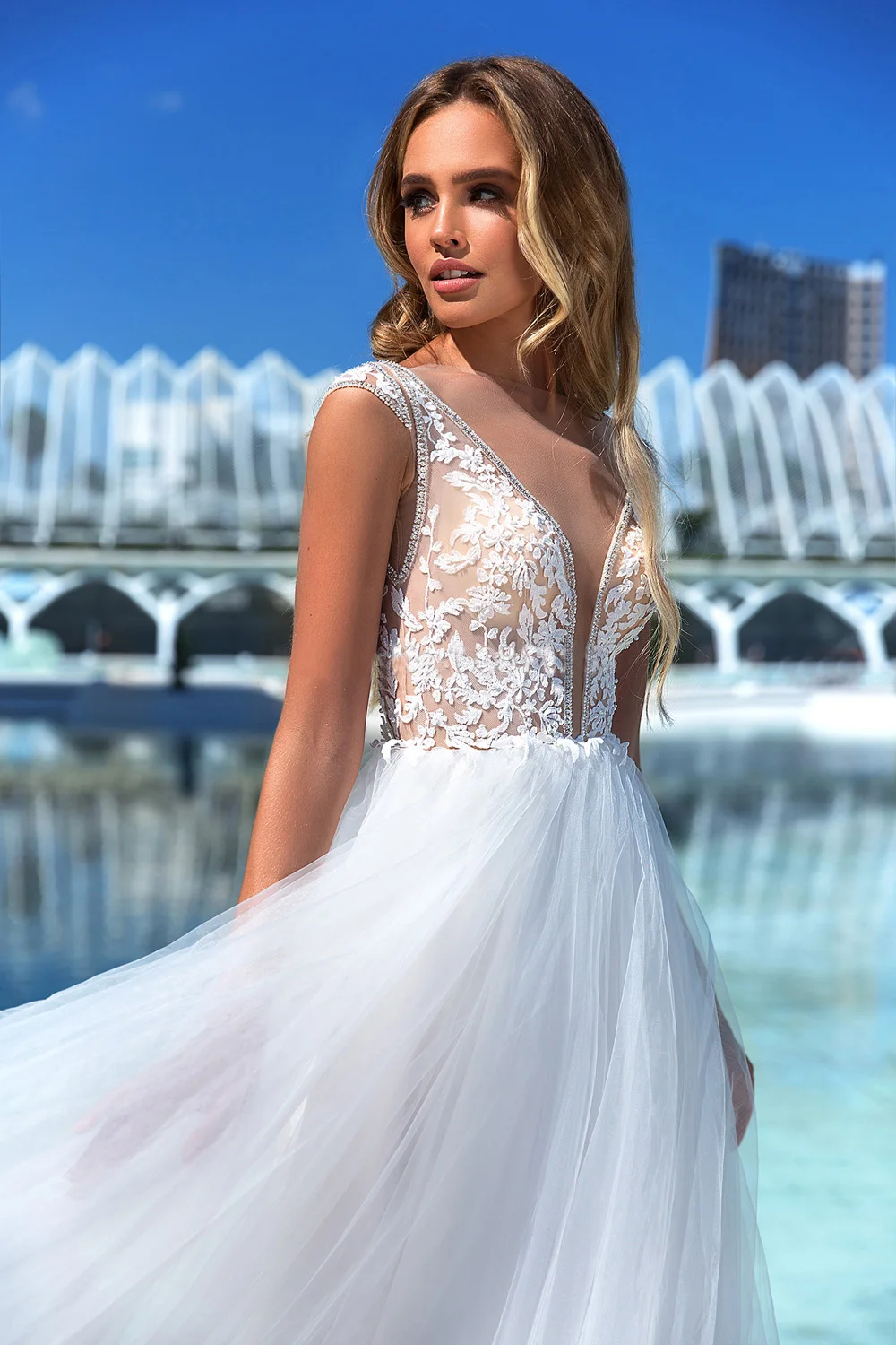 Vestido De Noiva пляжные трапециевидной формы Тюль Свадебные платья с v-образным вырезом Кепки рукава Иллюзия кнопку свадебные платья, платья невесты
