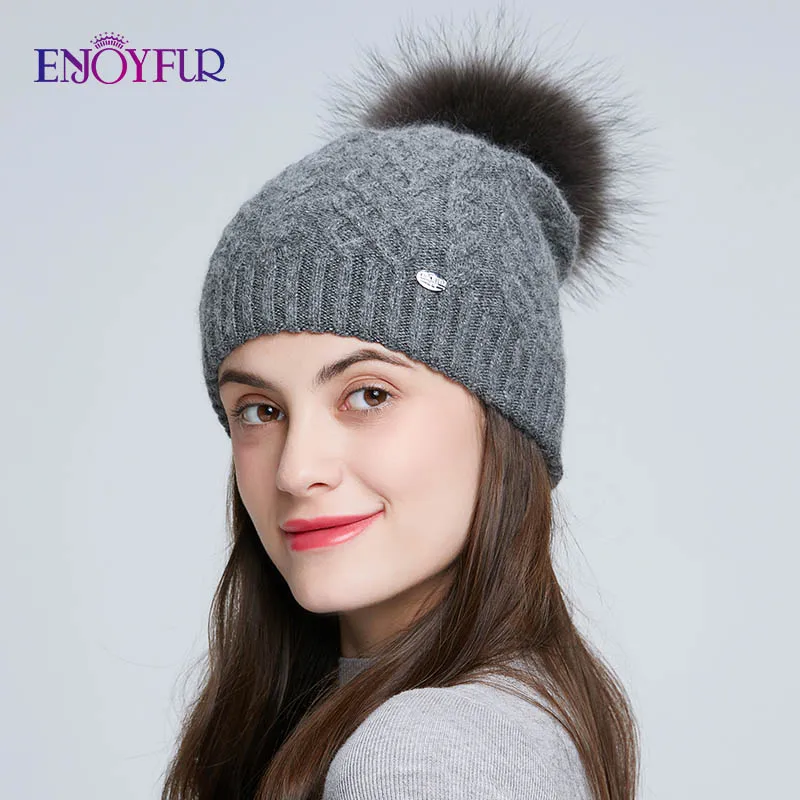 Womens Double Bobble Beanie ENJOYFUR Winter Fur Pompom