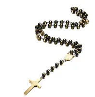 30" 8MM Stainless Steel Rosary Beads Necklace Black and Gold Color with Holy Jesus Christ Crucifix Cross Pendant 1