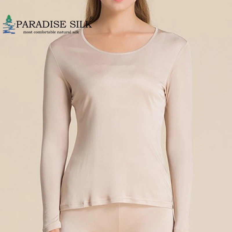 Women Underwear Top 100 Pure Silk Knit Underwear Long Johns Top Only Long Sleeve Thermal Shirt