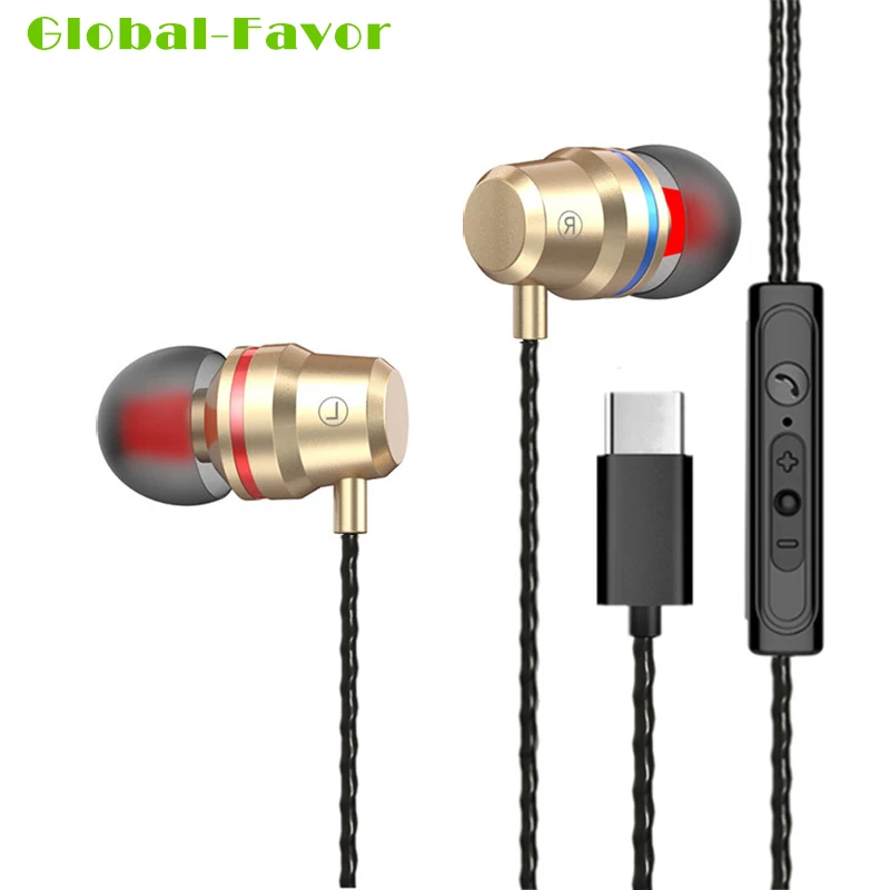Global Favor type-c plug Наушники-вкладыши 120 см Высокое качество проводные наушники с микрофоном Регулятор громкости для android смартфон