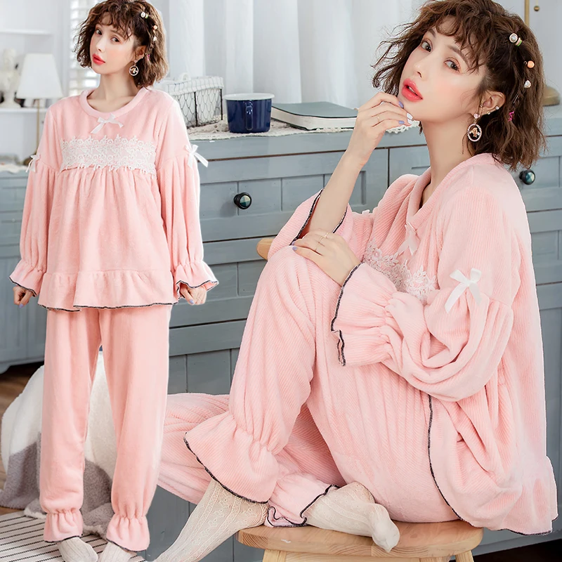 

Sweet Flannel Maternity Nursing Pajamas Suit Autumn Winter Feeding Homewear for Pregnant Women Pregnancy Nightwear Lounge Sets