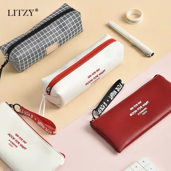 

Black Grid Pencil Case School Leather Pencil Cases for Girls Boy Portable Zipper Big Pen Bag Letter PencilCase Office Supplies