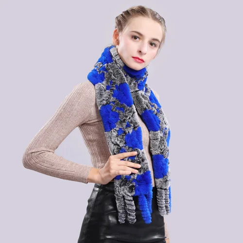 Длинный стильный женский зимний Настоящий мех кролика шарф из натурального меха кролика рекс шарфы брендовые Трикотажные Кролика Рекс брелок с мехом шарфы - Цвет: grey blue