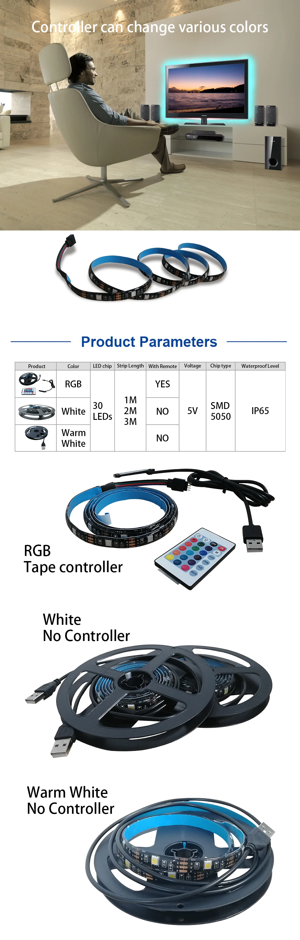 5 В USB RGB IP65 водонепроницаемая светодиодная лента SMD 5050 светодиодный Диодная лента свет HD ТВ Настольный ПК экран подсветка 1 м 2 м 3 м Светодиодная лента