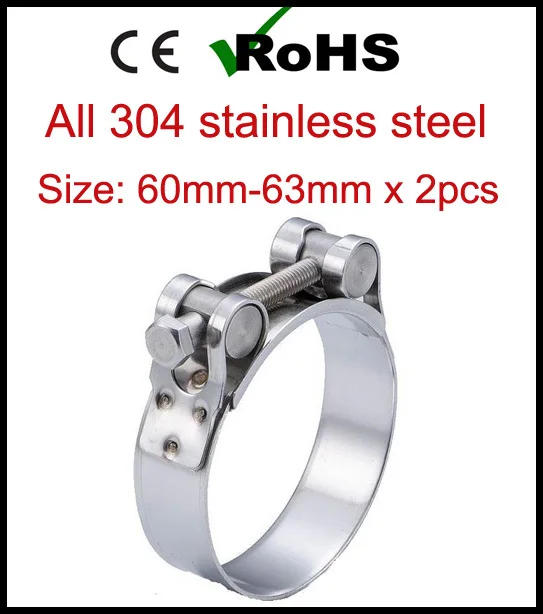 

60mm-63mm x 2pcs Single Bolt Heavy Duty Hose Pipe Clamp 304 Stainless Steel Strong Force High Pressure Robust Tube Clips
