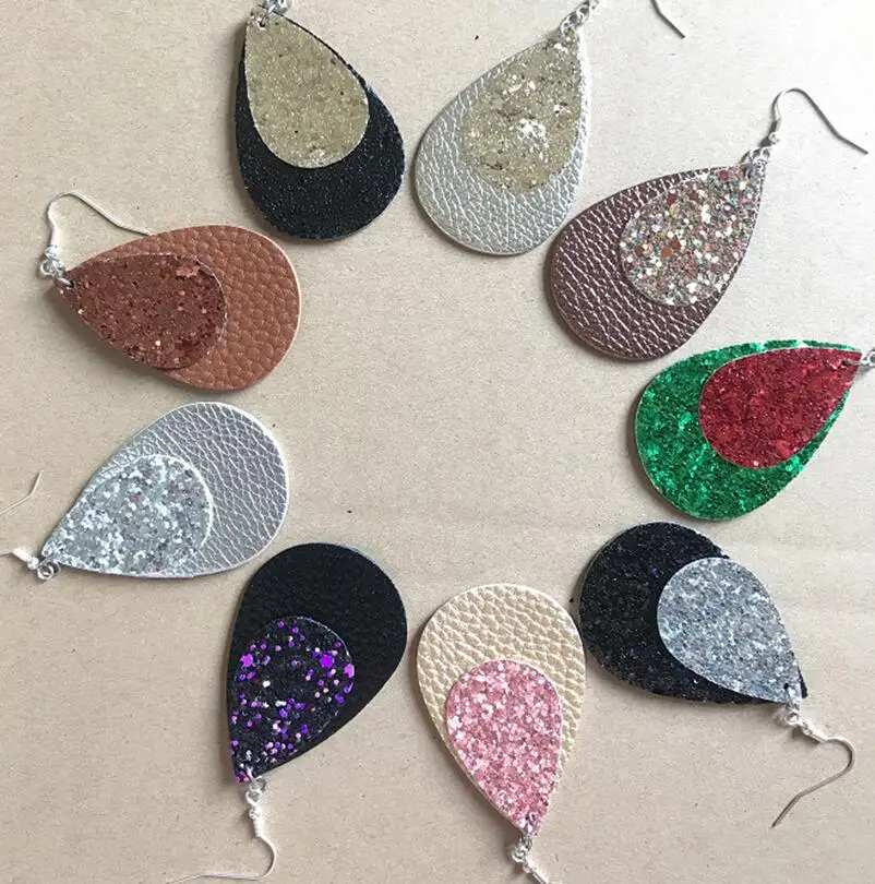 

2019 fashionable double leather teardrop sequins water drop earrings PU Leather Double Water Drop Earrings