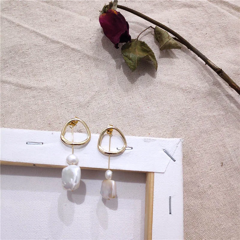 INKDEW Korea Design Metal Gold Drop Earrings Baroque Irregular Circle Square Natural Freshwater Pearl Earrings for Women Girls - Окраска металла: 27