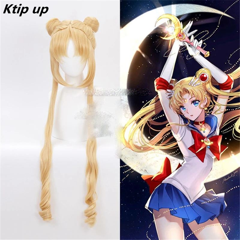 

Ktip Up New Sailor Moon Tsukino Usagi Long Curly Blonde Double Ponytail Synthetic Cosplay Wig For Girl's Costume Party