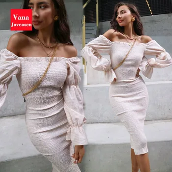 

Vana Javeasen Sexy Light Pink Women Dress Off-The-Shoulder Slash Neck Long Sleeve Dresses Patchwork Party Pencil Womens Dress