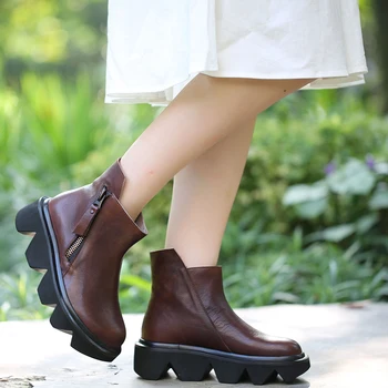 

VALLU Original 2019 autumn and winter new thick short boots women leather personality zipper simple wild fashion boots