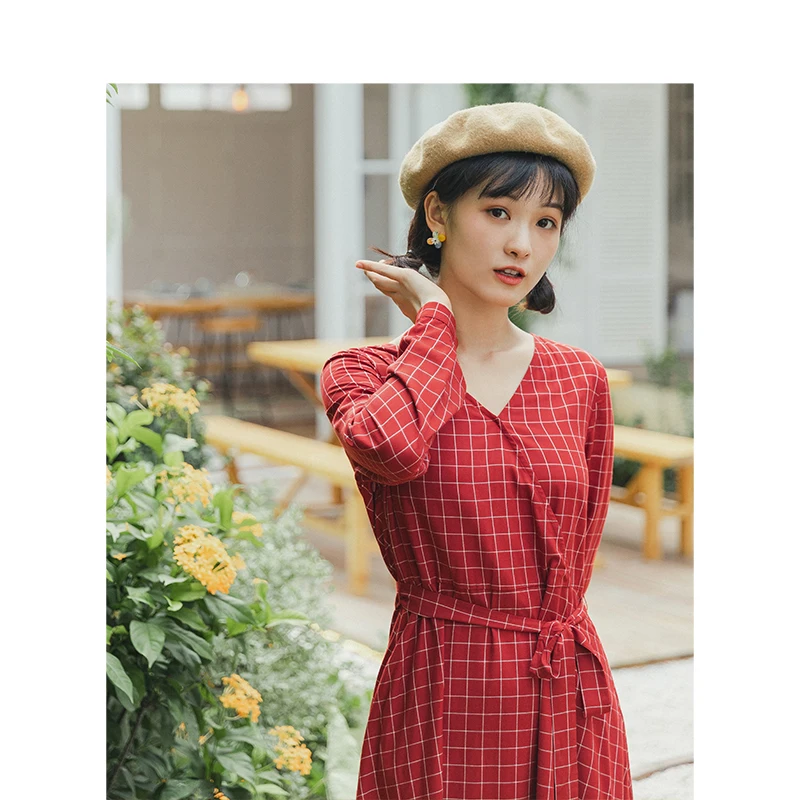 INMAN 2020 Spring New Arrival Literary Retro V-neck Plaid With Belt Loose Long Sleeve Women Dress INMAN 2020 Spring New Arrival Literary Retro V-neck Plaid With Belt Loose Long Sleeve Women Dress