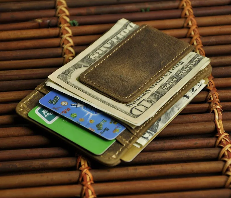 

Vintage Genuine Leather Money Clip Front Pocket Clamp For Holders Magnet Magic Clips Wallet with Card ID Case