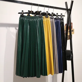 

2019 New Women Pleated Skirts Mid Length Women PU Skirts Winter Skirt
