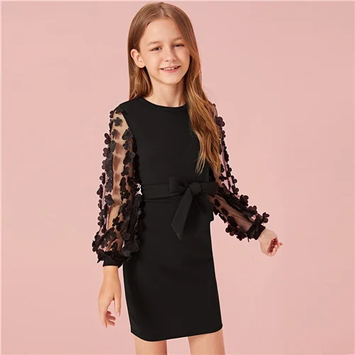 SHEIN Kiddie Black Girls Mesh Appliques Sleeve Cute Dress With Belt Kids Autumn Long Sleeve Zipper Back Bodycon Dresses - Цвет: Черный