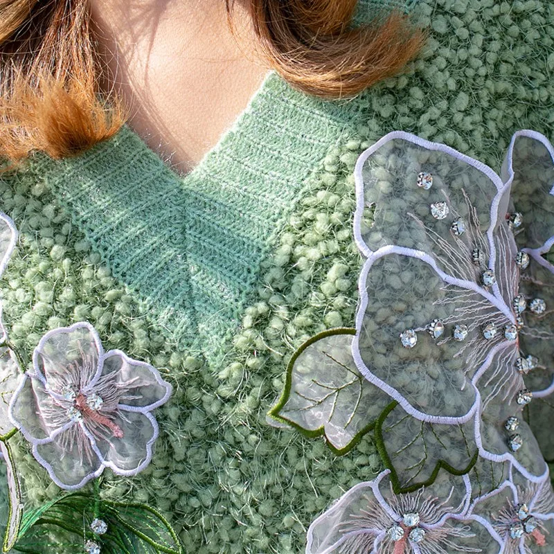 light green flower 3D embroidery oversized sweater v neck pullover tops knitted spring 2020 sueter mujer maglioni donna light green flower 3D embroidery oversized sweater v neck pullover tops knitted spring 2020 sueter mujer maglioni donna